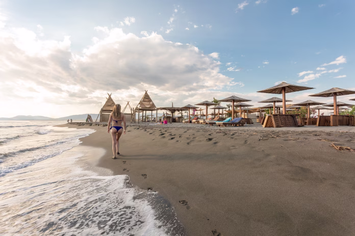 Ulcinj, Ada Bojana, Montenegro - June 11 2022: famous sand beach on south of Montenegro coast near Ulcinj