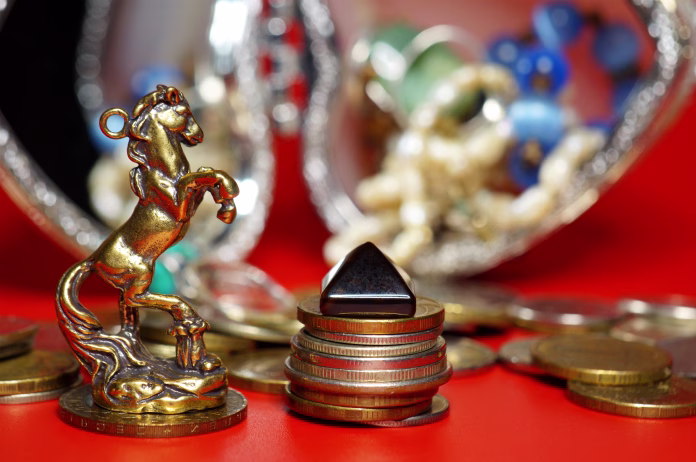 A metal horse figure with coins and a small pyramid.