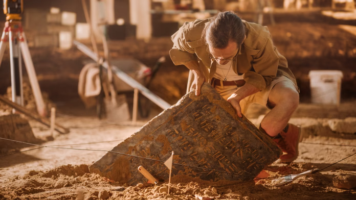 Archaeological Digging Site: Great Male Archeologist Work on Excavation Site, Carefully Cleaning, Lifting Newly Discovered Ancient Civilization Cultural Artifact, Historic Clay Tablet, Fossil Remains