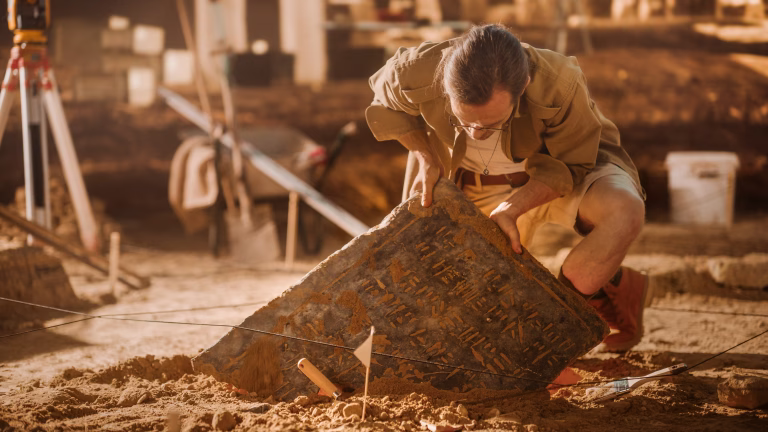 Archaeological Digging Site: Great Male Archeologist Work on Excavation Site, Carefully Cleaning, Lifting Newly Discovered Ancient Civilization Cultural Artifact, Historic Clay Tablet, Fossil Remains