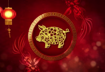Ti znaki so najbolj primerni za vas, če je prašič vaš znak kitajskega horoskopa Chinese New Year also known as the Spring Festival. Loop digital particles background with Chinese ornament decoration, cherry blossom and Chinese calligraphy means good health, good luck, good fortune