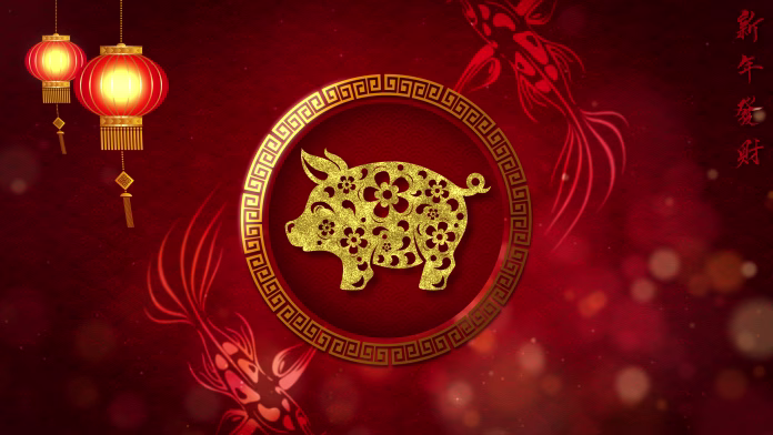 Chinese New Year also known as the Spring Festival. Loop digital particles background with Chinese ornament decoration, cherry blossom and Chinese calligraphy means good health, good luck, good fortune