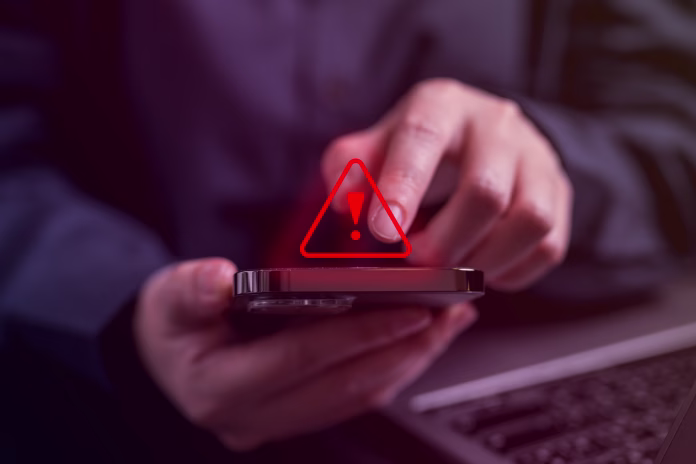 People with warning notification and spam message icon on mobile phone, Spam link on smartphone, Virus on smartphone, Alert warning scam, Hacker