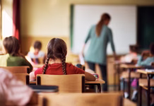 Kaj je primarna izobrazba? Rear view of schoolgirl and her classmates learning in the classroom.