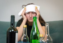 Rdeče vino, tekila ali vodka – katera pijača povzroči hujšega mačka? Young woman with a white towel on her forehead from a headache sits in front of empty bottles of alcohol. Concept of Monday morning, morning after drinking alcohol