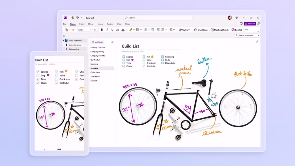 OneNote UI.