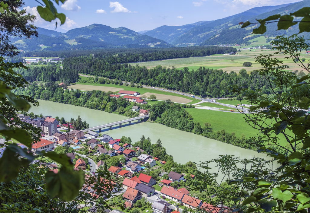 A high angle view of the Vuzenica town in Slovenia during the daytime