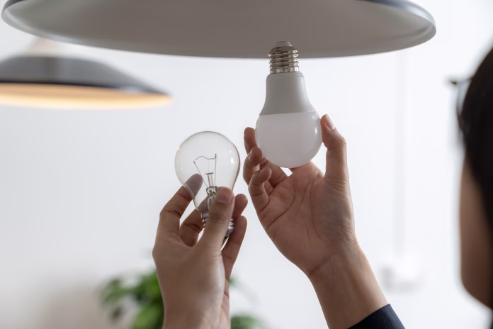 a-young-woman-is-changing-a-light-bulb-from-an-incandescent-bulb-to-an-led-bulb-stockpack-istock A young woman is changing a light bulb from an incandescent bulb to an LED bulb.