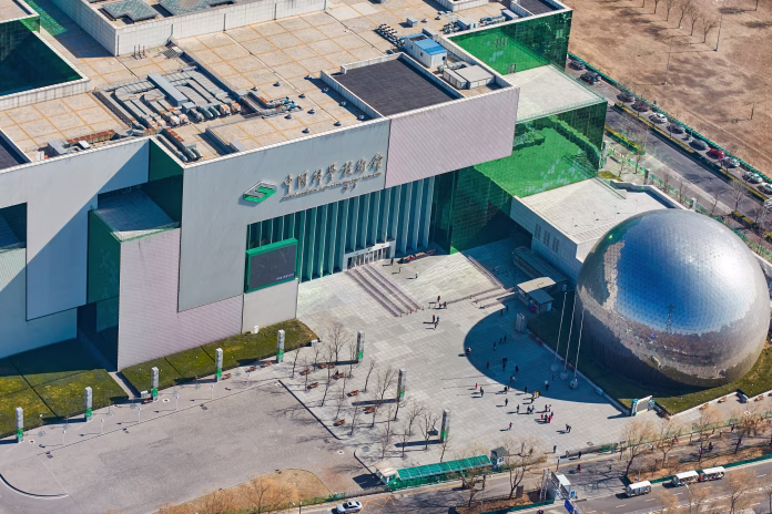 Beijing / China - February 20th 2016: Aerial view of the China Science and Technology Museum established in 1988 in Beijing, China, located in the Beijing Olympic Village