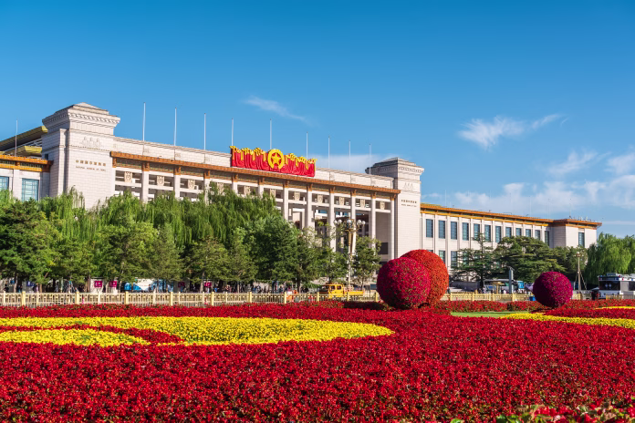 Beijing, China - September 27th 2023 - National Museum of China with the decoration of flowerbed for National Day