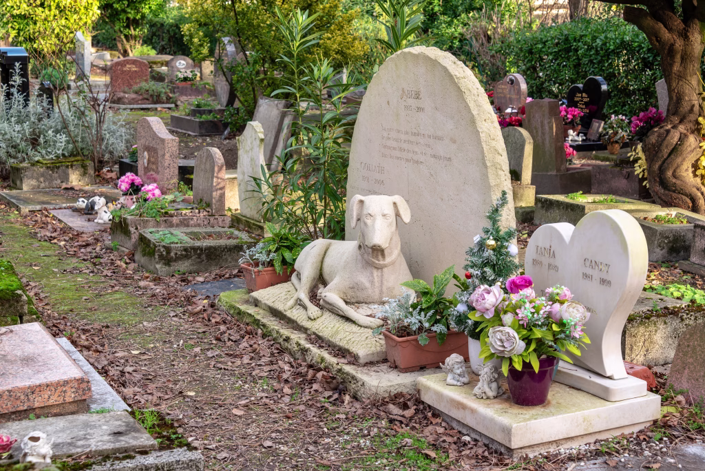 Graves in the pet cemetery of Paris in Asnières-sur-Seine, France. The "Cemetery of dogs and other domestic animals' is the oldest pet cemetery in the world.