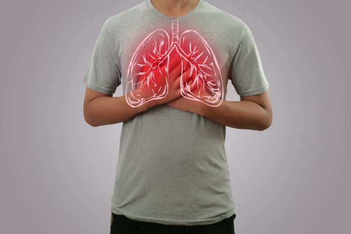 Male person holding chest, feeling pain with lung illustration on the torso, respiratory system disease concept