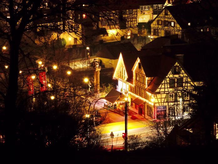 Schiltach in Black Forest with a lot of Christmas lights