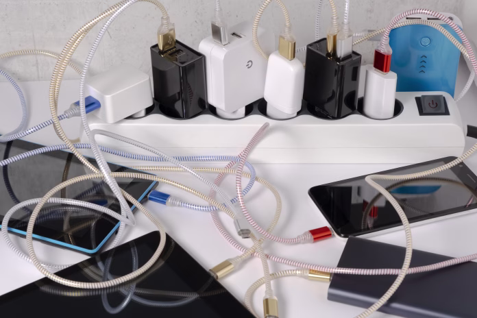 Smartphone Mobile Phone and tablets connected to Charging hub on the Table, micro usb wires to chargers in sockets. Extension cord switch loaded with Charger adapters and cables for Recharge phones