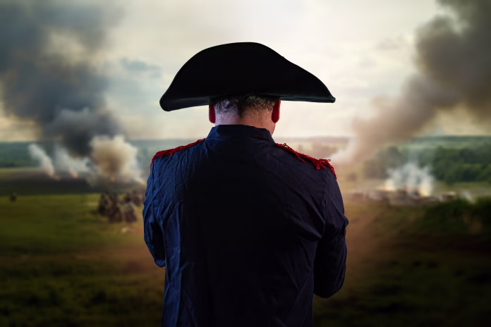 the historical portrait of Napoleon Bonaparte on background of the battlefield