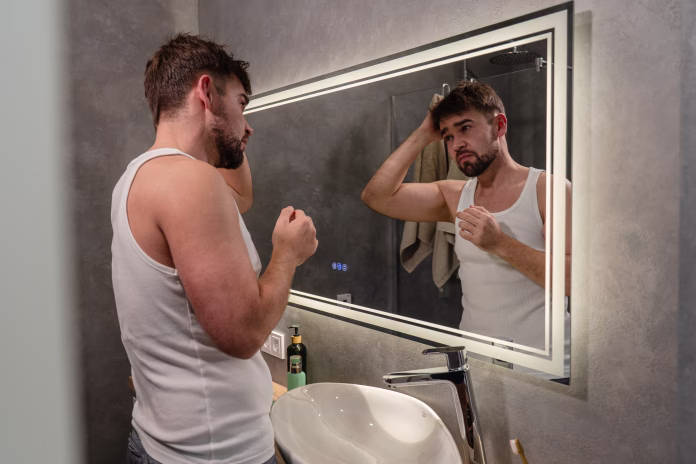 Tired-looking man in tank top examining himself in the bathroom mirror.