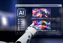 Ali je umetna inteligenca res lahko ustvarjalna? A robot interacts with a futuristic interface showcasing vibrant abstract art. This image captures the essence of innovation and technology in a modern digital landscape. Synapse