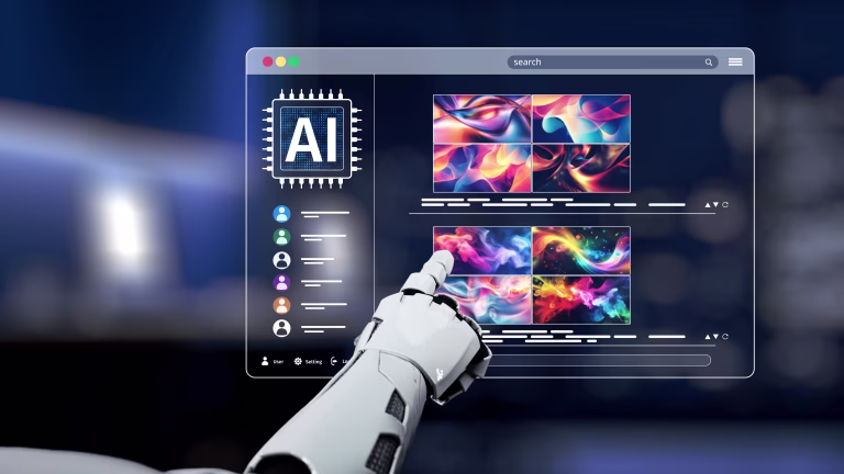 A robot interacts with a futuristic interface showcasing vibrant abstract art. This image captures the essence of innovation and technology in a modern digital landscape. Synapse