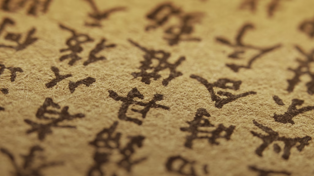 Close-up macro view of old manuscript with traditional Chinese characters. Worn paper, black ink, intricate calligraphy. East heritage, knowledge, antique literature.