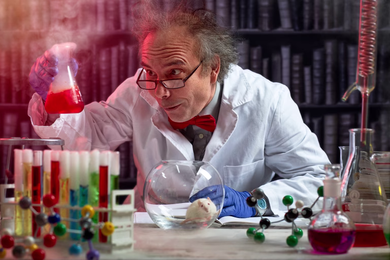 crazy scientist the making mix of chemicals to experiment on mouse