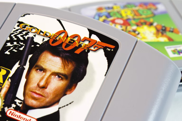"Gothenburg, Sweden - April 15, 2011: Studio shot of the very popular Nintendo 64 game 007 Goldeneye, with Super Mario 64 in the background."