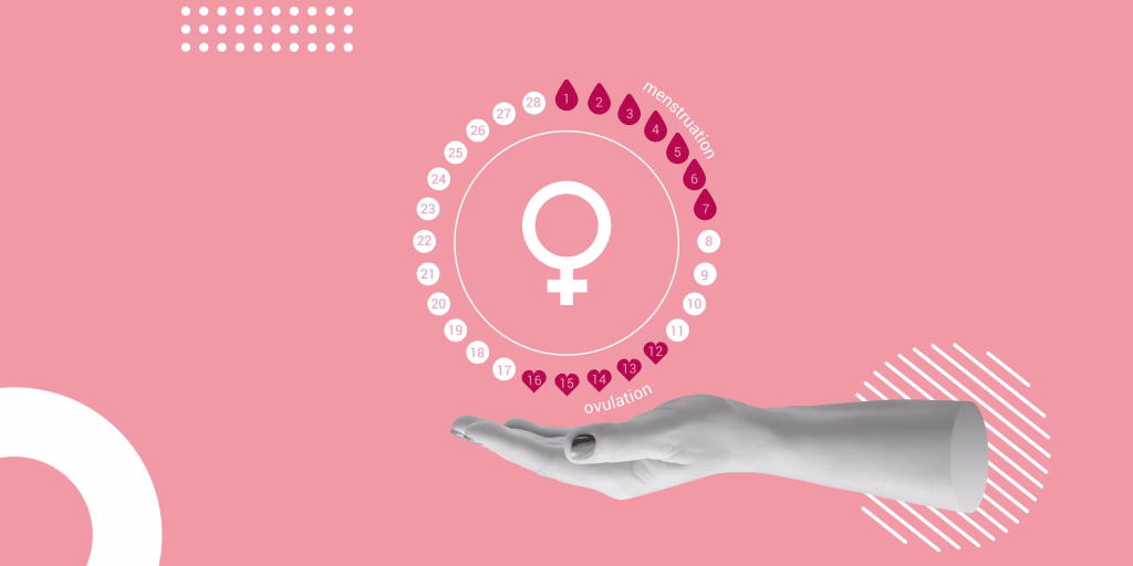 Menstrual cycle over the female hand. Contraception, pregnancy planning concept. Minimalistic collage.