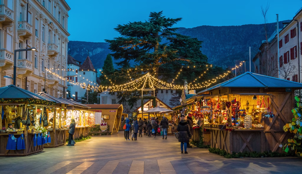 Merano Christmas market in the evening, Trentino Alto Adige, northern Italy. December-16-2018