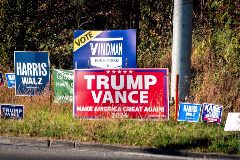 Reston, USA - November 6, 2024: 2024 US presidential campaign political signs placards on street road for Trump vance, Harris Walz campaign