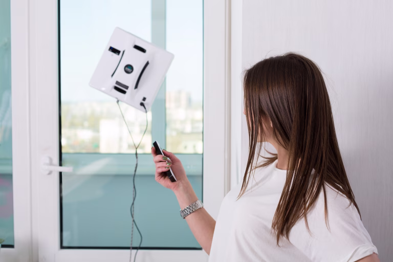 Woman cleaning windows at home with robotic cleaner