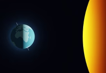 Decembrski solsticij 2025: Kdaj ga bomo zabeležili in kaj pomeni 3D Illustration of Winter solstice. Blue Earth planet with yellow sun in dark blue background. Template for background, banner, card, poster with copy space.