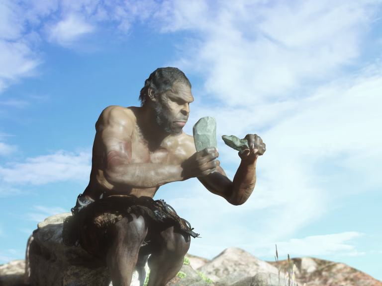 ancient primitive caveman with stone render 3d