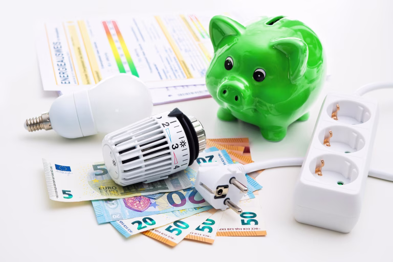 Energy cost, saving energy concept. Piggy bank with money, plug, bulb and radiator thermostat on white background
