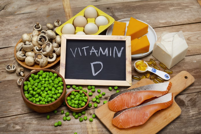 Foods rich in vitamin D on a wooden table