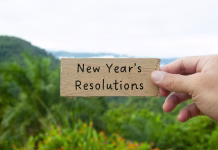 10 novoletnih zaobljub za trajnostno prihodnost Hand holding wooden block with New Year's Resolution text with beautiful nature background.