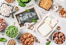 Kateri so najboljši vegetarijanski viri beljakovin? Healthy diet vegan food, veggie protein sources: Tofu, vegan milk, beans, lentils, nuts, soy milk, spinach and seeds. Top view on white table.