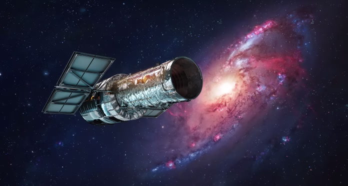 Hubble space telescope in deep space. Orbital space observatory. Stars and galaxies research. Elements of this image furnished by NASA (url: https://science.nasa.gov/science-red/s3fs-public/styles/large/public/thumbnails/image/Hubble-sm.png)