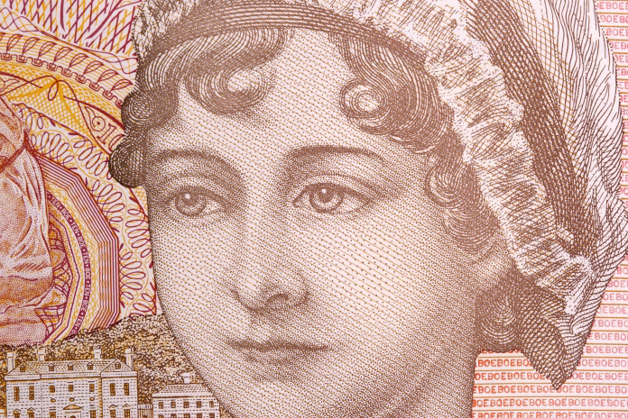Jane Austen a closeup portrait from English money - pound