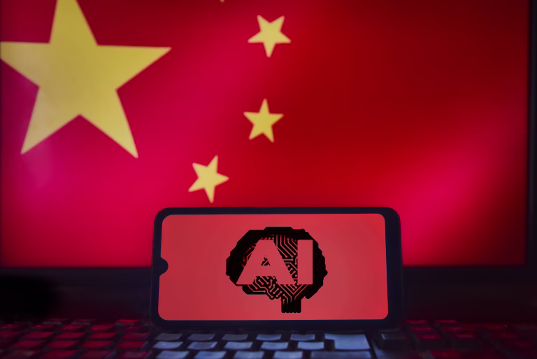 Mobile phone with AI brain image in red with embedded circuits, highlighting cutting-edge neural technology and artificial intelligence with Chinese flag in the background