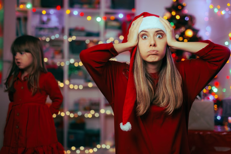Shocked mom feeling under pressure organizing Xmas party