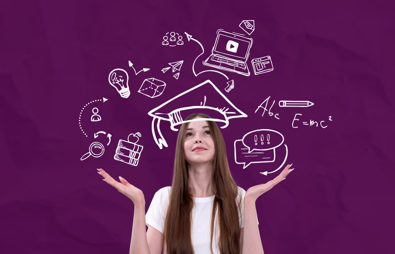 Young woman with long hair in white shirt surrounded by hand-drawn educational doodles on a purple textured background, symbolizing knowledge and learning