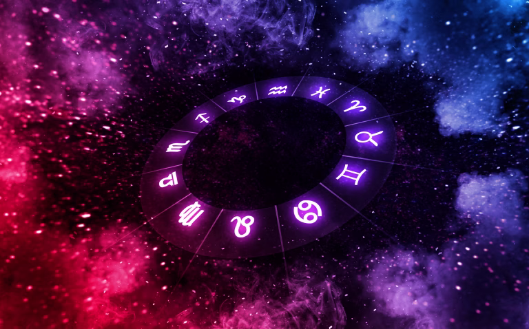 Zodiac signs inside of horoscope circle on universe. Astrology and horoscopes