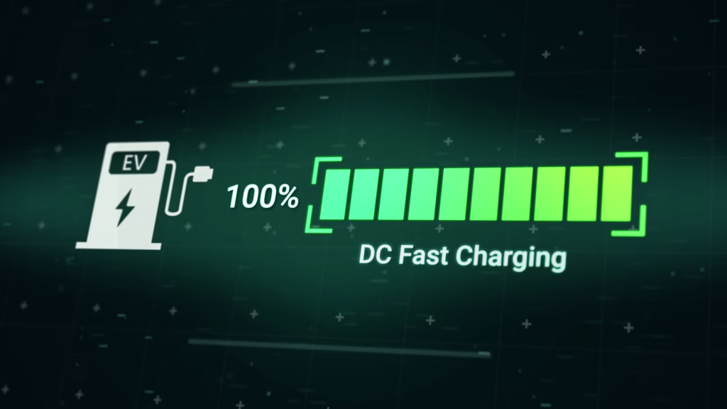 Battery charging status interface of electric vehicle using DC fast charger from charging station, 3d rendering futuristic fuel power level indicator UI display for EV automotive industry technology