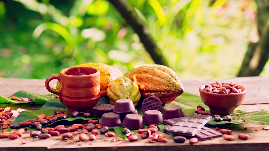 Beautiful still life with organic products from the cocoa industry.