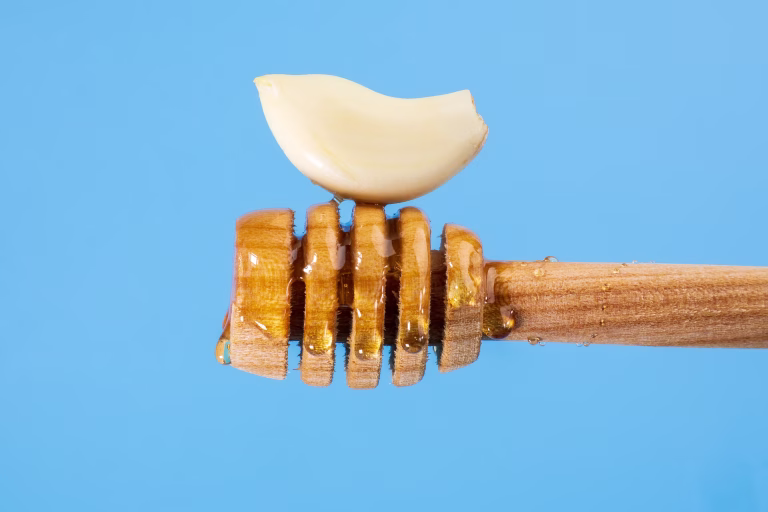 Fermented garlic cloves honey, a rich source of probiotics, blue background