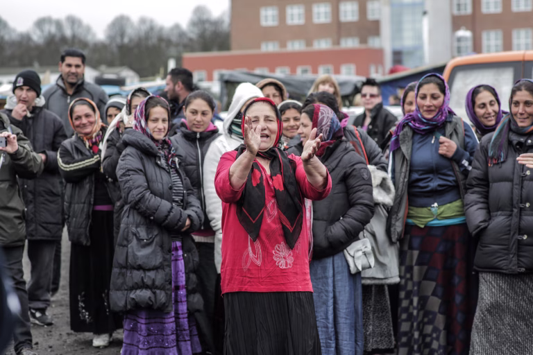 Malmo, Sweden - April 27, 2015: A demonstration in Malmö, Sweden, against the government decision to remove the temporary housings that some homeless romani people set up in a abandoned industrial plot. The government later decided to let them stay longer for now.