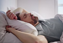 Znanstveniki odkrili: tudi bitja brez možganov lahko spijo Sleeping man lying bed at morning closeup. Serene guy dreaming enjoying weekend at home interior. Handsome peaceful brunette resting comfortable pillow ignoring alarm. Lazy holiday lifestyle concept