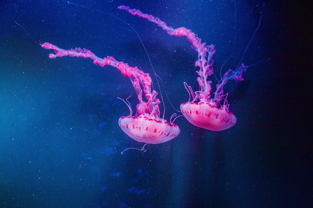 Two pink-tinted jellyfish drift gently in a dark blue, underwater setting. Their transparent, dome-like bodies and glowing tentacles create an ethereal glow in the deep aquatic scene.