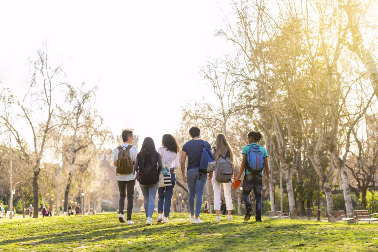 A row of young multi-ethnic students walking together in the park. Back view
