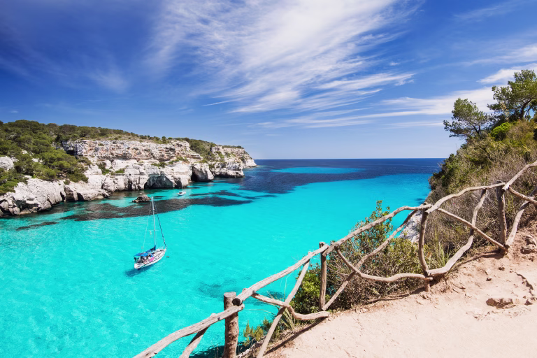 Beautiful bay with sailing boats, Menorca island, Spain