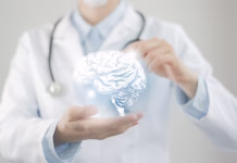 Je ta gen odgovoren za Alzheimerjevo bolezen? Female doctor holding virtual volumetric drawing of Brain in hand. Handrawn human organ, copy space on right side, raw photo colors. Healthcare hospital service concept stock photo
